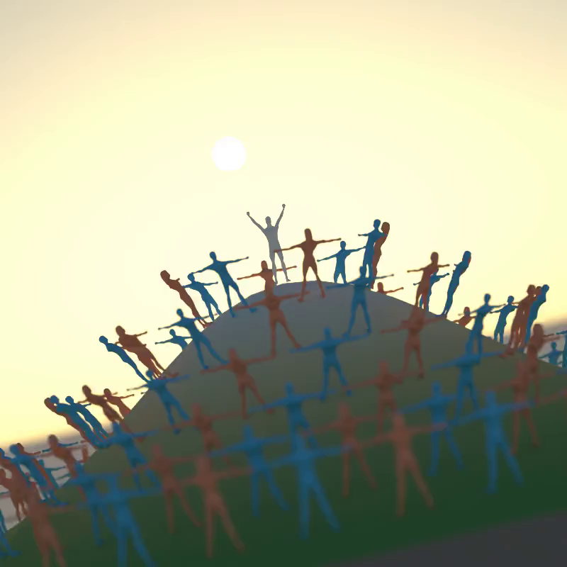 Video of a smooth hill with red and blue models of humans scattered all over it.
