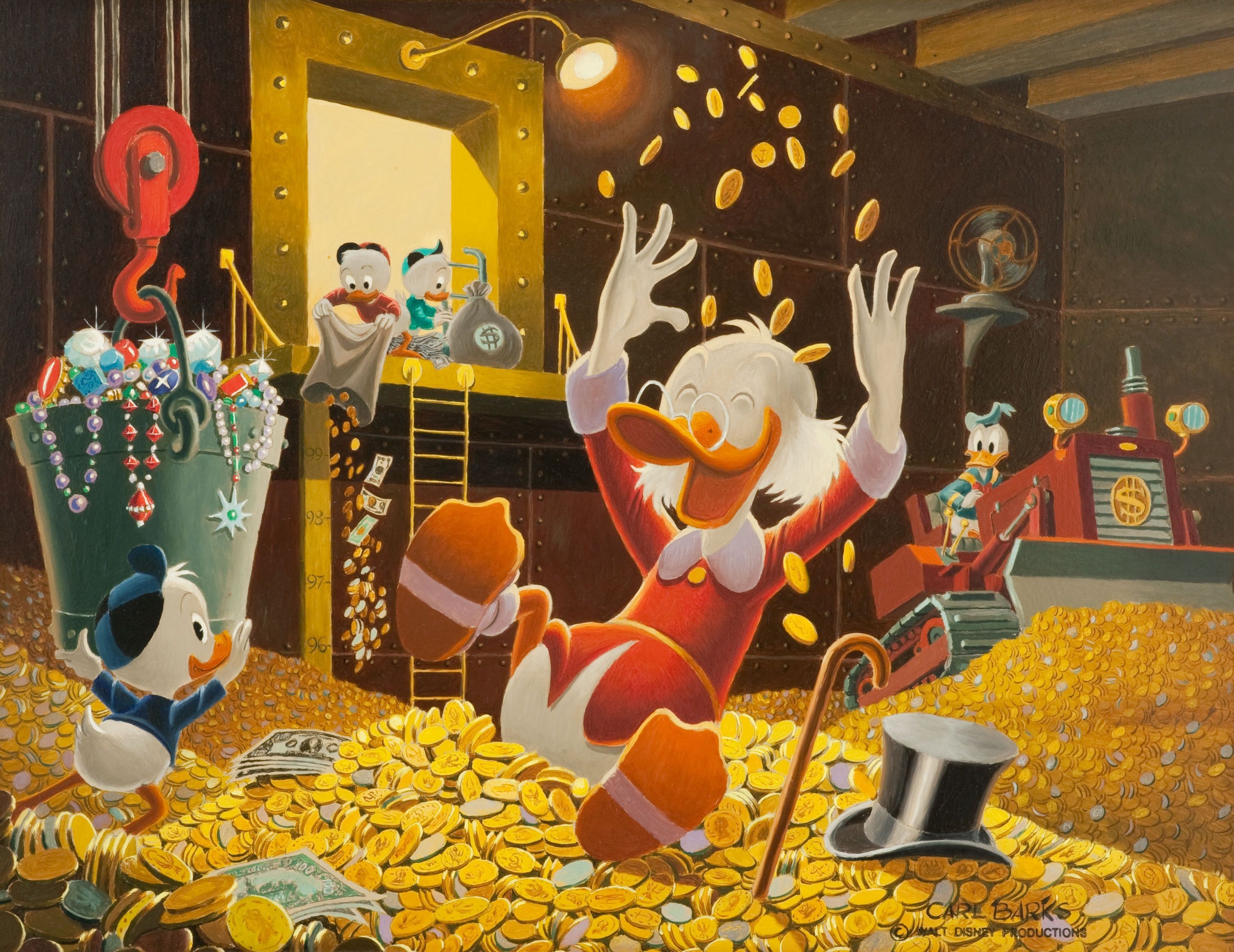 Cartoon duck in a vault of gold coins, throwing them over his head. In the background, two younger cartoon ducks are dumping bags of coins into the vault.