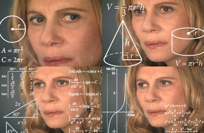 Multi-panel image of a woman who looks like she is trying to puzzle something out. Equations and geometric diagrams are superimposed in white over the images.
