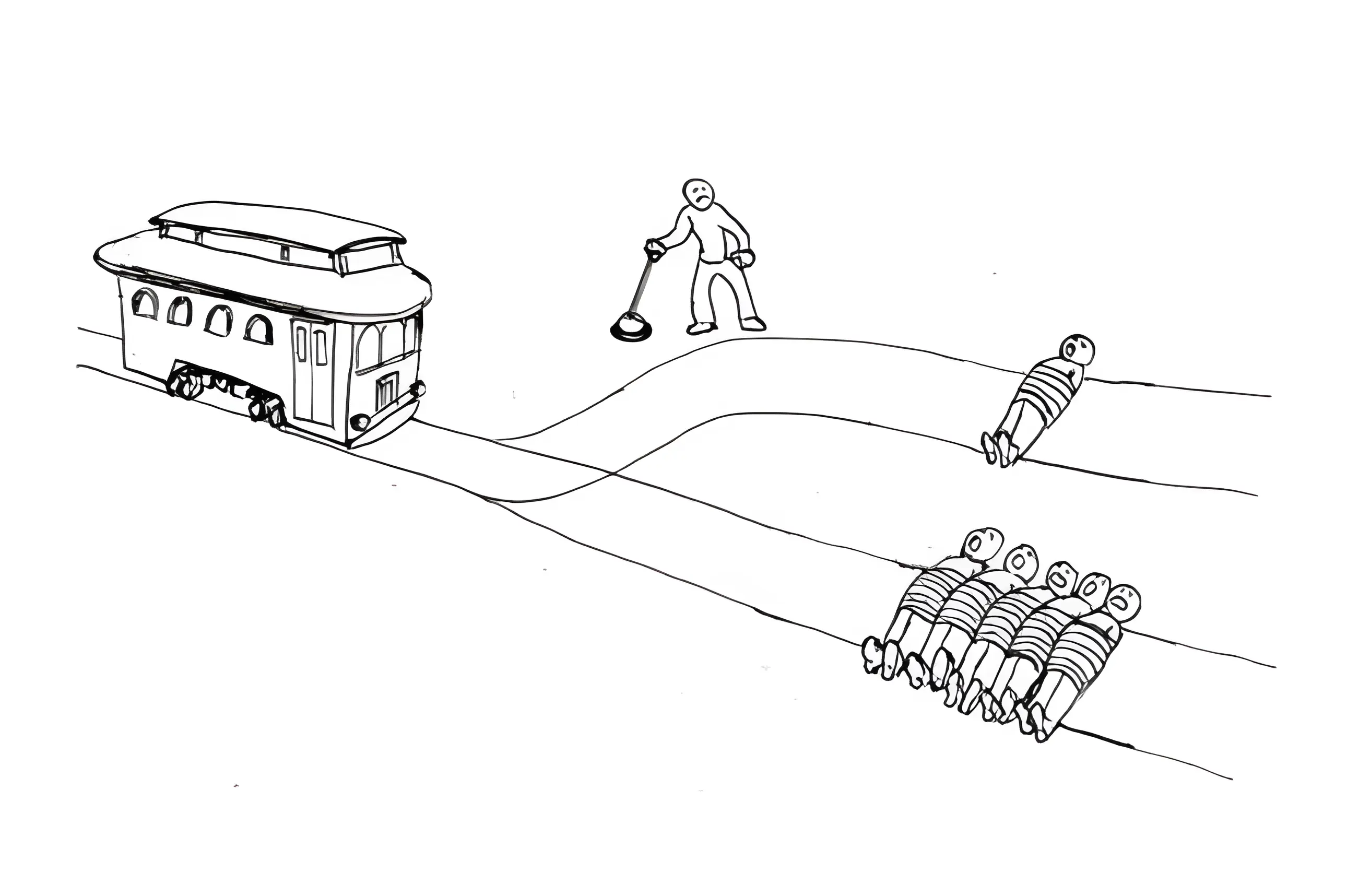 The 'trolley problem' meme template: a crude, black-and-white line drawing of a trolley on tracks. The tracks split into two paths: one going straight towards a row of people tied to the tracks, the other turning toward a single person tied to the tracks. Another person stands by the tracks with their hand on a lever and a frown on their face.