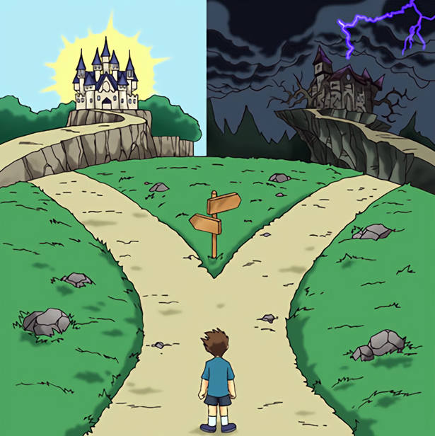 'two paths' meme. Illustration of a person standing at a split in a road. One path leads to a sunny, pleasant looking castle, while the other leads to a foreboding, stormy and desolate castle.
