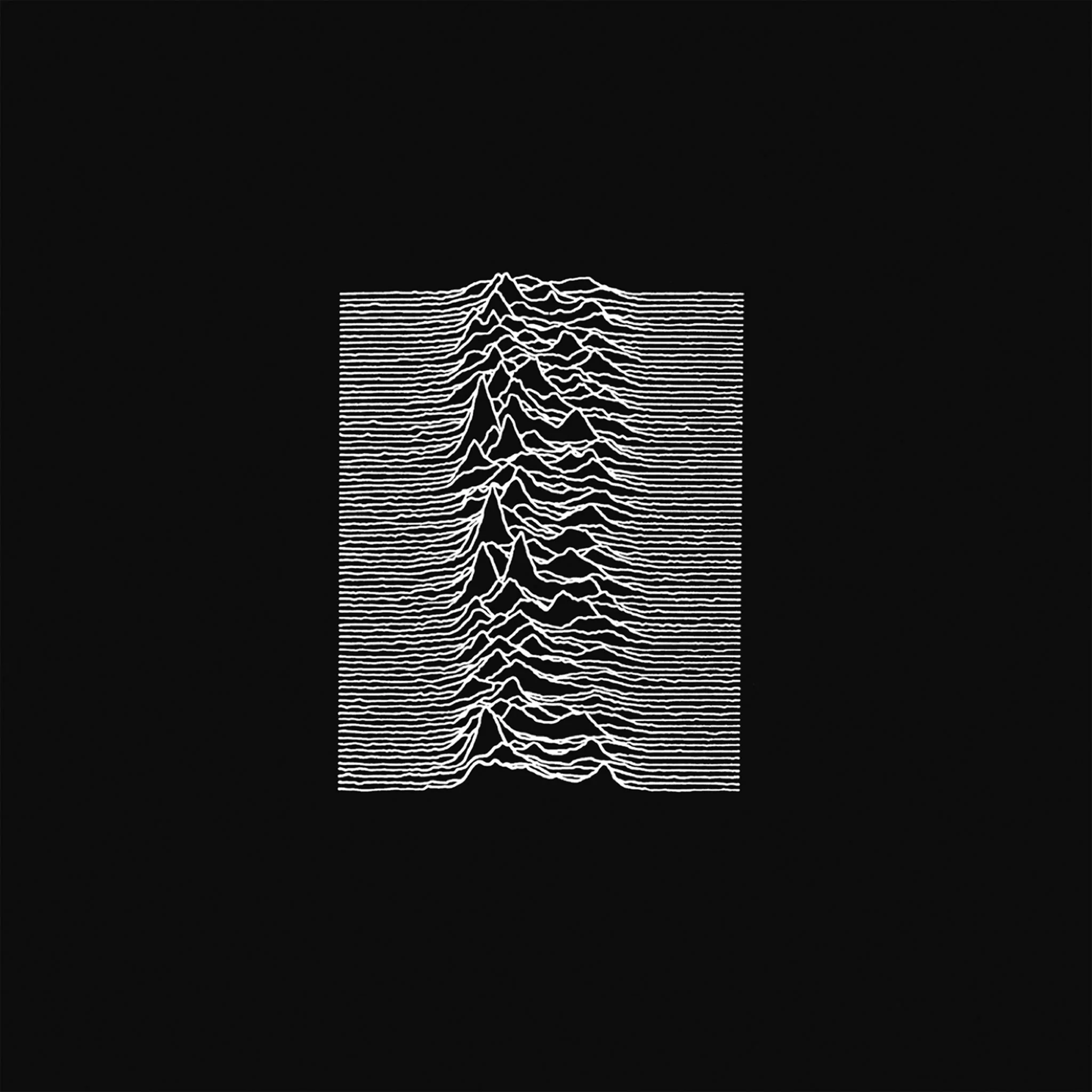 The cover art for New Order's 'Unknown Pleasures' album, showing a series of white lines forming a rugged landscape on a black background.